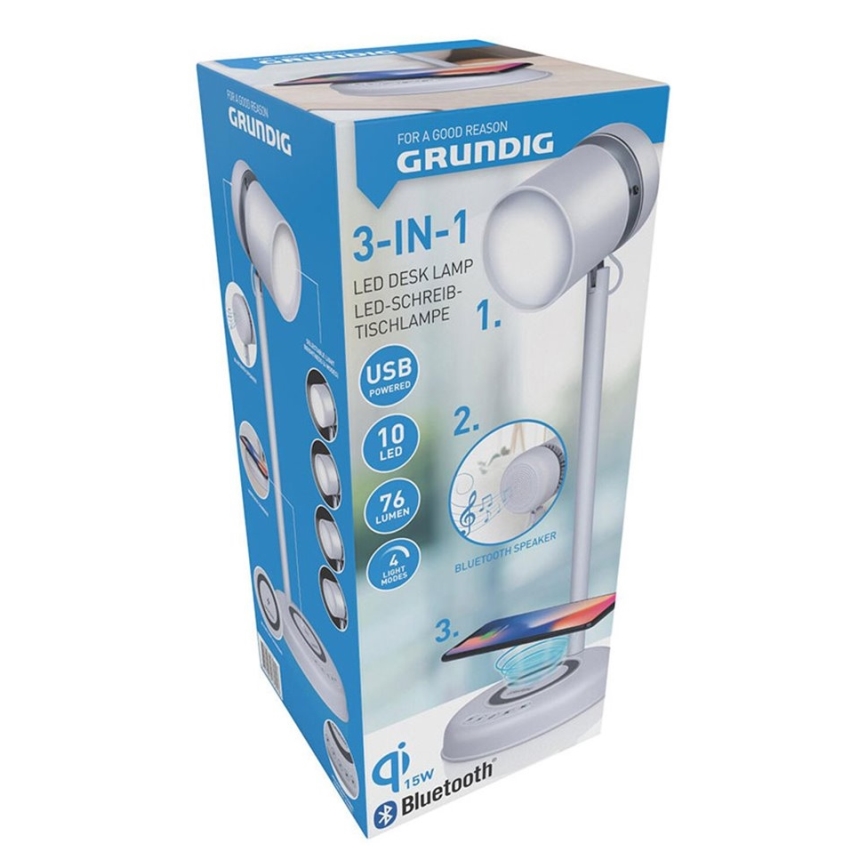 Grundig - LED επιτραπέζιο φωτιστικό με ασύρματη φόρτιση και ηχείο 3σε1 LED/15W/5V
