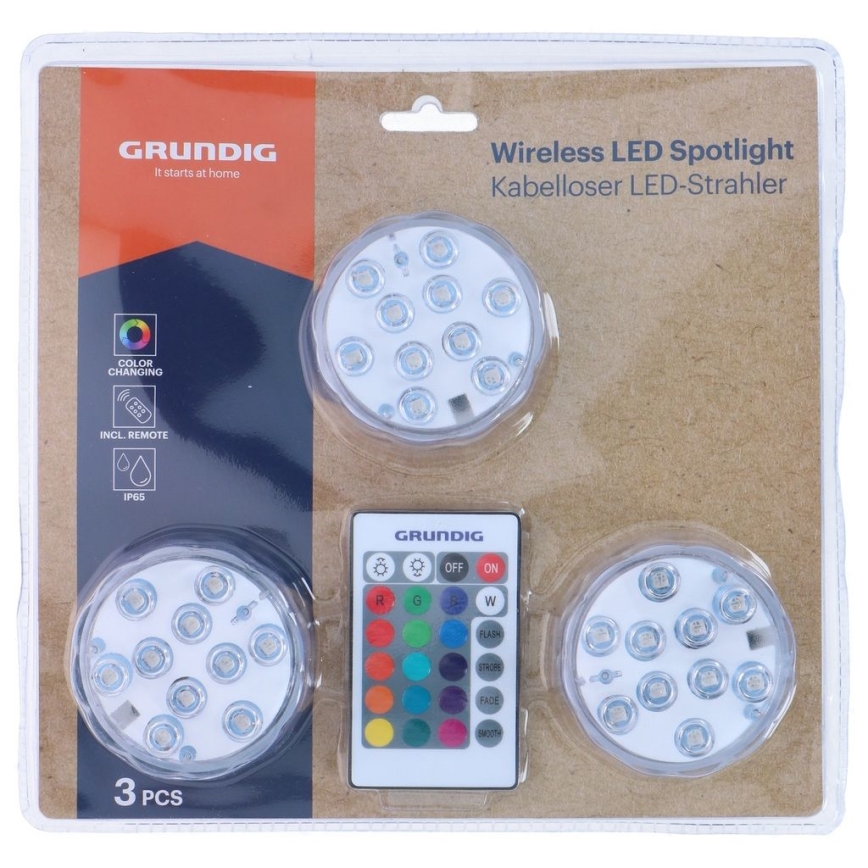 Grundig - Σετ 3x LED RGBW ρυθμιζόμενο φωτιστικό LED/3W/3xAAA IP65 + τηλεχειριστήριο