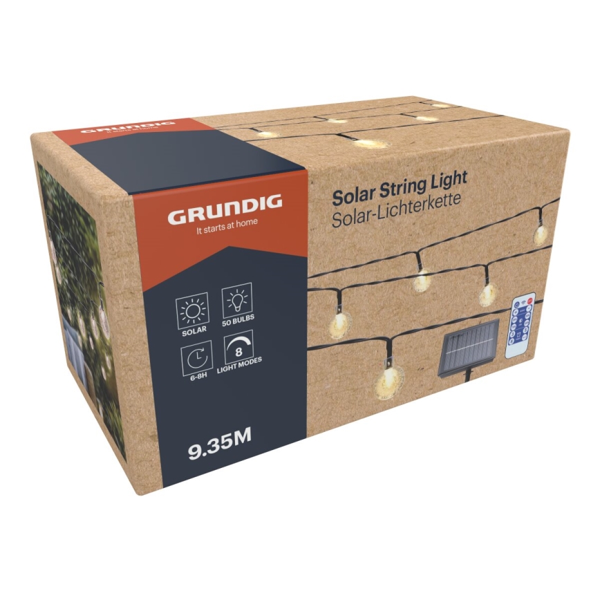Grundig - Ρυθμιζόμενη αλυσίδα LED ηλιακής ενέργειας 50xLED/8 λειτουργίες 9,35μ IP44 ζεστό λευκό 600 mAh + τηλεχειριστήριο