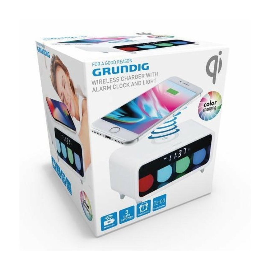 Grundig - LED Dimmable φωτιστικό νυκτός LED με ξυπνητήρι και ασύρματη φόρτιση LED/5W/230V