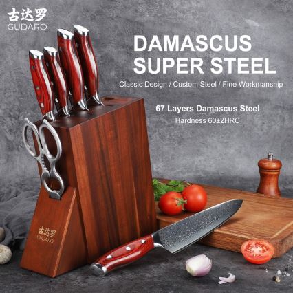 Gudaro - Σετ 7 μαχαιριών κουζίνας KENSHO με βάση, από ξύλο ακακίας