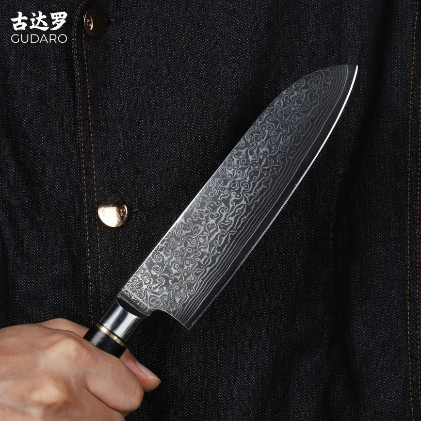 Gudaro - Μαχαίρι κουζίνας Santoku AKIRO 7, από δαμασκηνό ατσάλι 67 στρώσεων, μήκος 17,5 cm, μαύρο