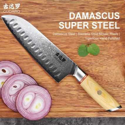 Gudaro - Δαμασκηνό μαχαίρι κουζίνας Santoku HIKARI 7, 67 στρώσεων ατσαλιού, μήκος 17,5 cm