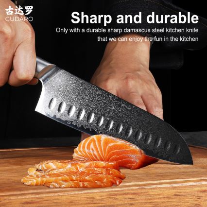 Gudaro - Δαμασκηνό μαχαίρι κουζίνας Santoku HIKARI 7, 67 στρώσεων ατσαλιού, μήκος 17,5 cm