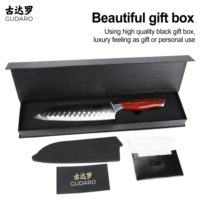 Gudaro - Μαχαίρι κουζίνας Santoku KENSHO 7, από δαμασκηνό χάλυβα 67 στρώσεων, μήκος 17,5 εκ.