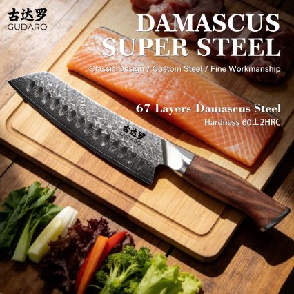Gudaro - Δαμασκηνό μαχαίρι κουζίνας Santoku TAKUMI 7, 67 στρώσεις ατσαλιού, μήκος 17,5 εκ., καρυδιά