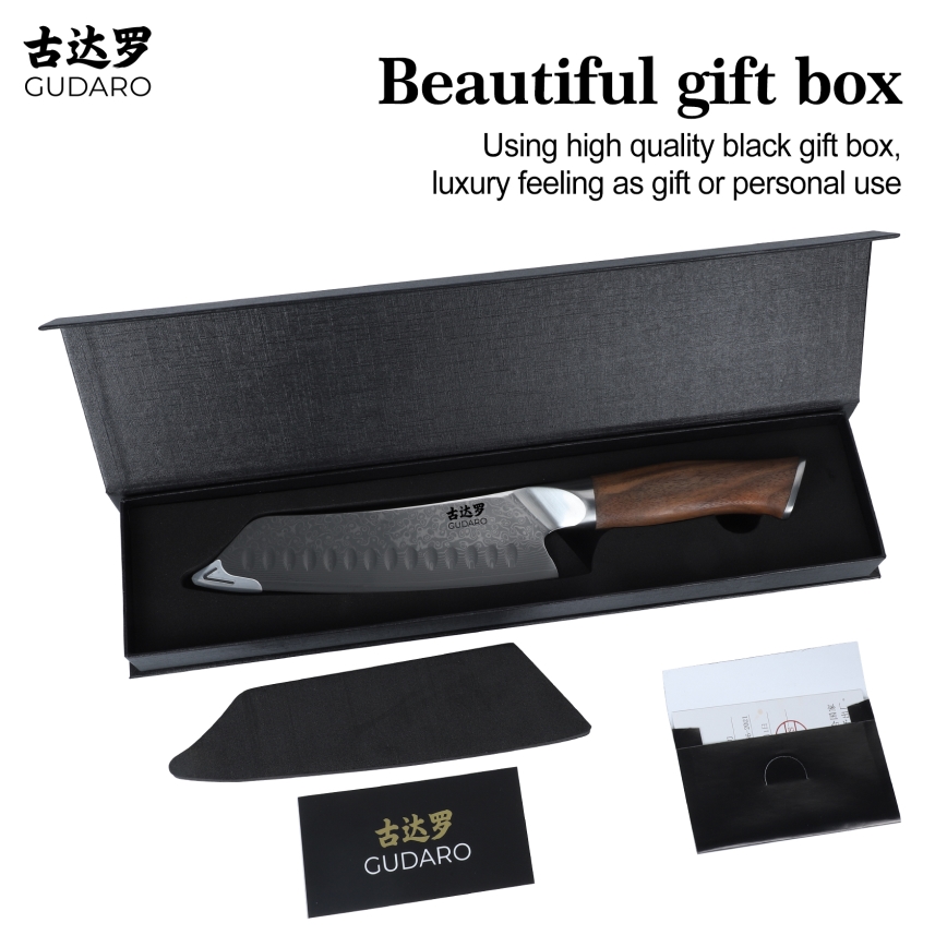 Gudaro - Δαμασκηνό μαχαίρι κουζίνας Santoku TAKUMI 7, 67 στρώσεις ατσαλιού, μήκος 17,5 εκ., καρυδιά