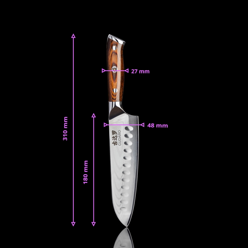 Gudaro - Μαχαίρι κουζίνας Santoku FENG 7,5, από Δαμασκηνό ατσάλι 67 στρώσεων, μήκος 18 cm