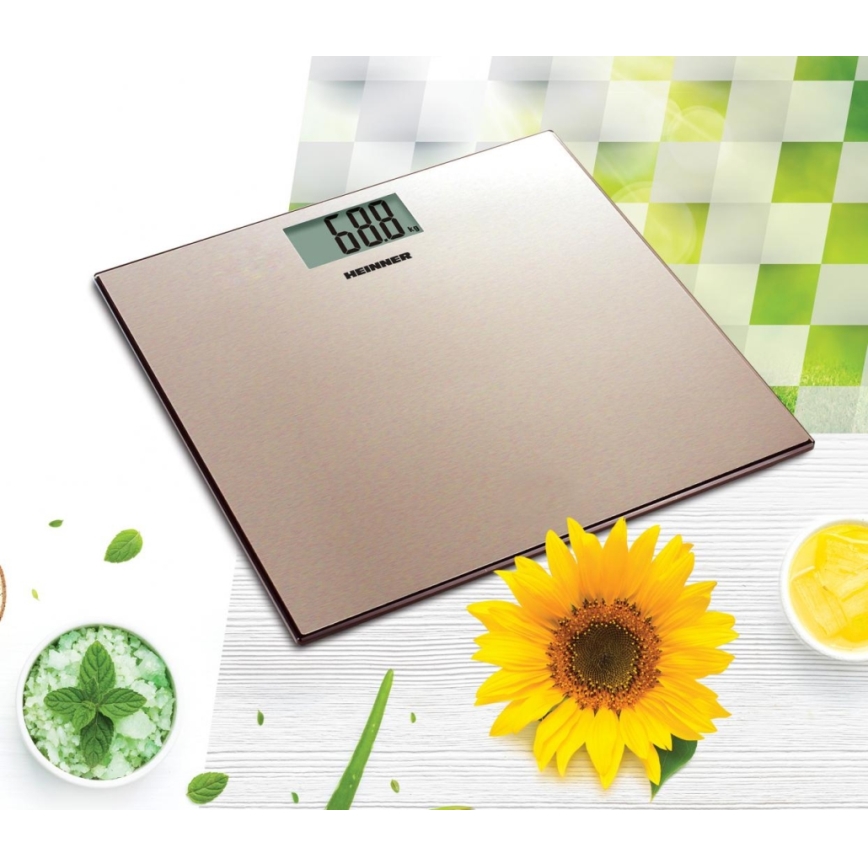 Heinner HBS-180SSGD - Ψηφιακή προσωπική ζυγαριά από ανοξείδωτο ατσάλι, τροφοδοσία 2xAAA