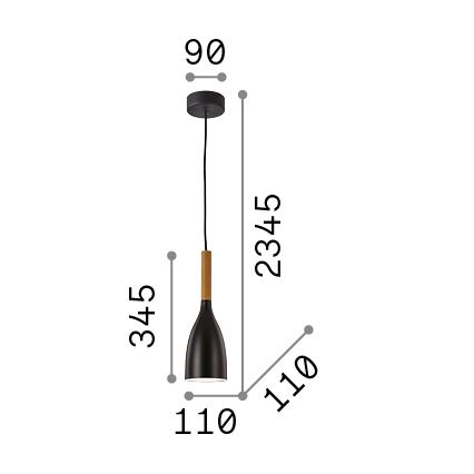 Ideal Lux - Κρεμαστό φωτιστικό με καλώδιο MANHATTAN 1xE14/40W/230V Ø 11 cm μαύρο/οξιά
