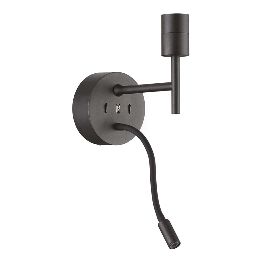 Ideal Lux - Επιτοίχιο φωτιστικό LED εύκαμπτο 1xE27/42W + LED/3W/230V CRI 90 USB μαύρο