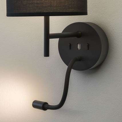 Ideal Lux - Επιτοίχιο φωτιστικό LED εύκαμπτο 1xE27/42W + LED/3W/230V CRI 90 USB μαύρο