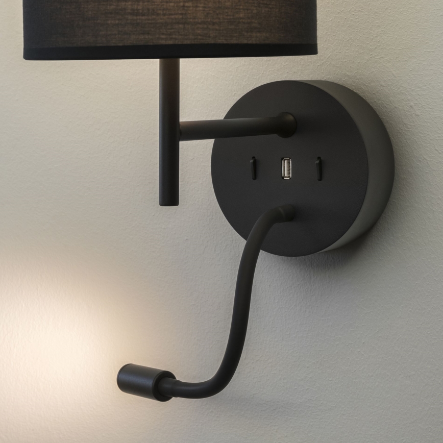 Ideal Lux - Επιτοίχιο φωτιστικό LED εύκαμπτο 1xE27/42W + LED/3W/230V CRI 90 USB μαύρο