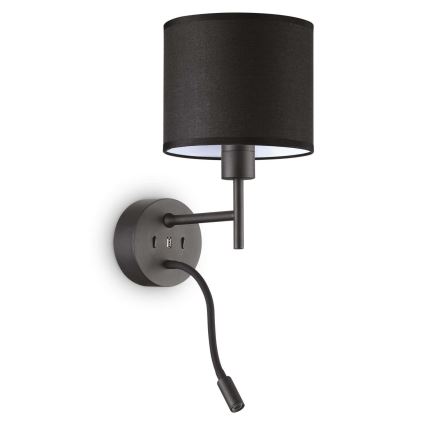 Ideal Lux - Επιτοίχιο φωτιστικό LED εύκαμπτο 1xE27/42W + LED/3W/230V CRI 90 USB μαύρο