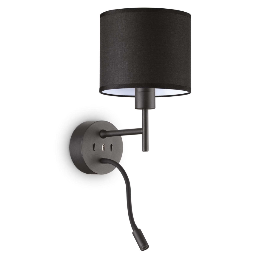 Ideal Lux - Επιτοίχιο φωτιστικό LED εύκαμπτο 1xE27/42W + LED/3W/230V CRI 90 USB μαύρο