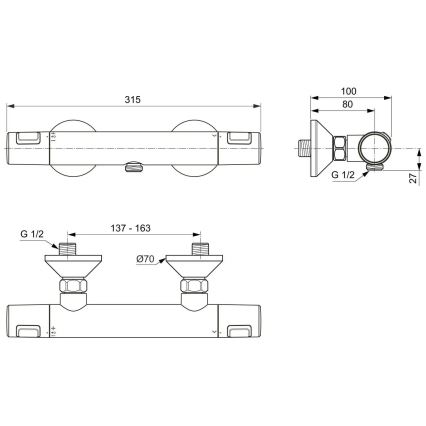 Ideal Standard A7201AA - Θερμοστατική μπαταρία ντους CERATHERM T25 γυαλιστερό χρώμιο