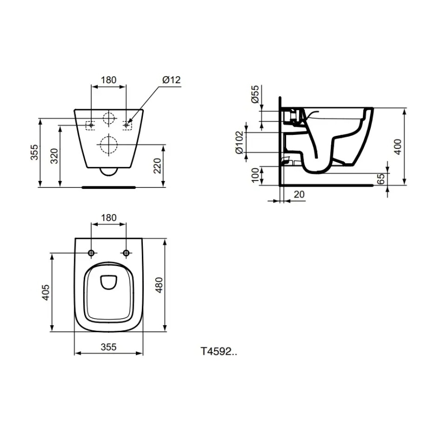 Ideal Standard T459201 - Κρεμαστή λεκάνη WC I.LIFE S χωρίς χείλος, κεραμική/λευκή