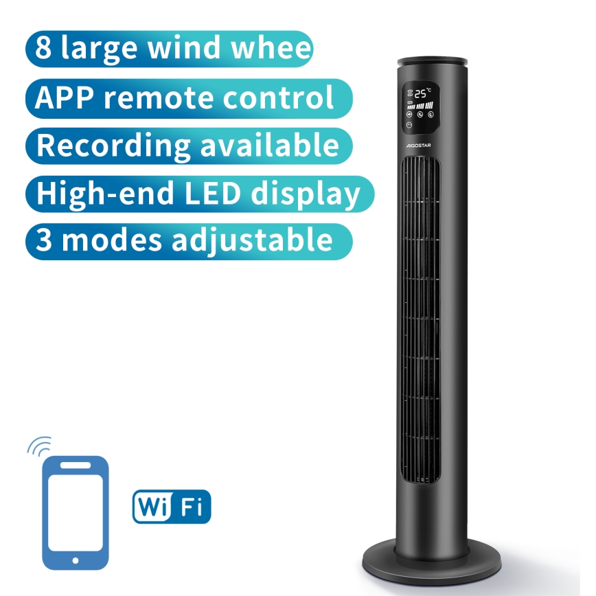 igostar - Ανεμιστήρας Πύργος 50W/230V μαύρο Wi-Fi + τηλεχειριστήριο