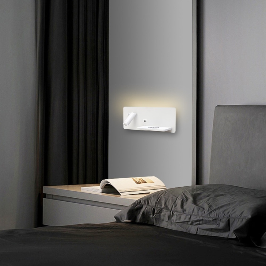 Immax 08285L - LED Επιτοίχιο φωτιστικό με ράφι, θύρα USB και ασύρματη φόρτιση Be PREPARE LED/3W/230V + LED/3W λευκό