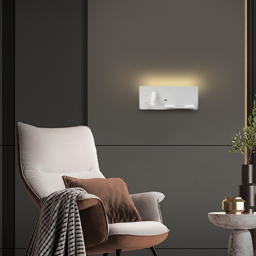 Immax 08285L - LED Σποτ τοίχου με ράφι, θύρα USB και ασύρματη φόρτιση Be PREPARE LED/3W/230V + LED/3W λευκό