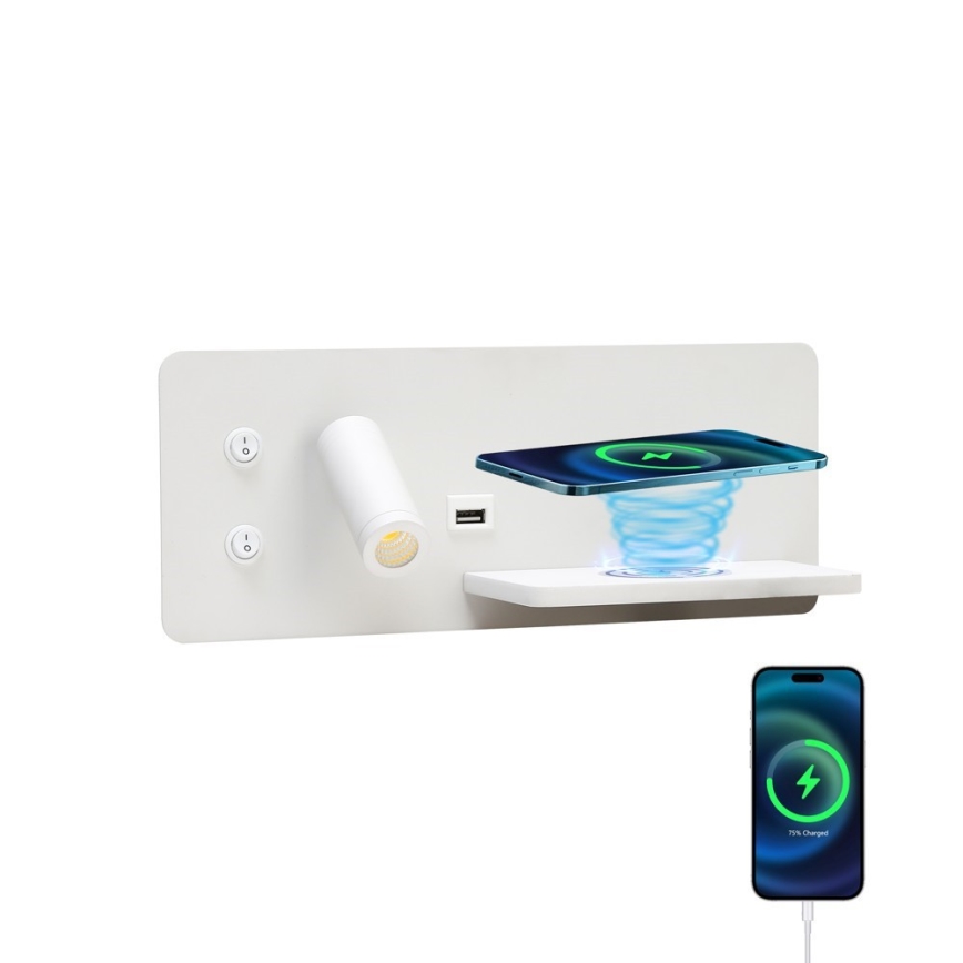 Immax 08285L - LED Σποτ τοίχου με ράφι, θύρα USB και ασύρματη φόρτιση Be PREPARE LED/3W/230V + LED/3W λευκό