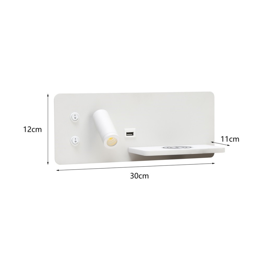Immax 08285L - LED Σποτ τοίχου με ράφι, θύρα USB και ασύρματη φόρτιση Be PREPARE LED/3W/230V + LED/3W λευκό