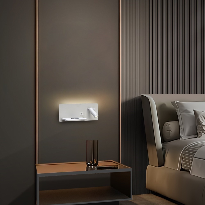 Immax 08286L - LED Επιτοίχιο φωτιστικό με ράφι, θύρα USB και ασύρματη φόρτιση Be PREPARE LED/3W/230V + LED/3W λευκό