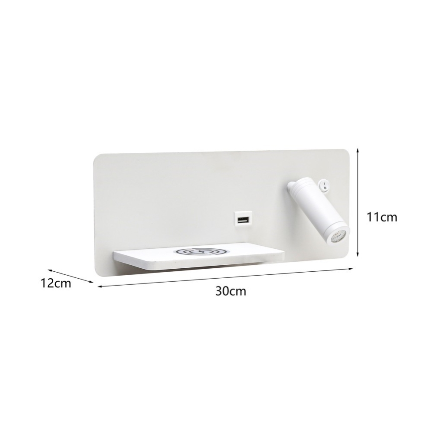 Immax 08286L - LED Επιτοίχιο φωτιστικό με ράφι, θύρα USB και ασύρματη φόρτιση Be PREPARE LED/3W/230V + LED/3W λευκό