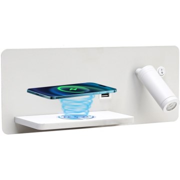 Immax 08286L - LED Σποτ τοίχου με ράφι, θύρα USB και ασύρματη φόρτιση Be PREPARE LED/3W/230V + LED/3W λευκό