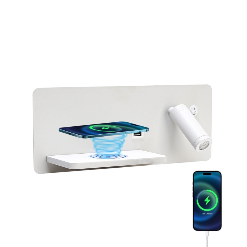 Immax 08286L - LED Σποτ τοίχου με ράφι, θύρα USB και ασύρματη φόρτιση Be PREPARE LED/3W/230V + LED/3W λευκό