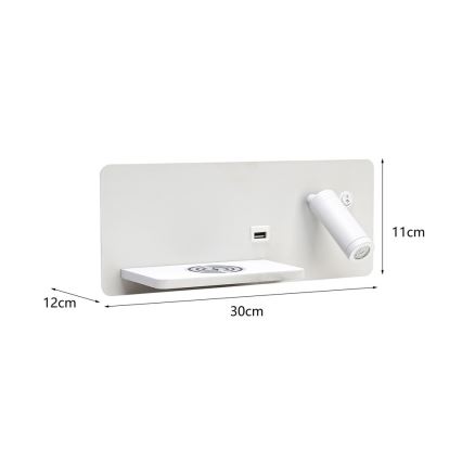 Immax 08286L - LED Σποτ τοίχου με ράφι, θύρα USB και ασύρματη φόρτιση Be PREPARE LED/3W/230V + LED/3W λευκό