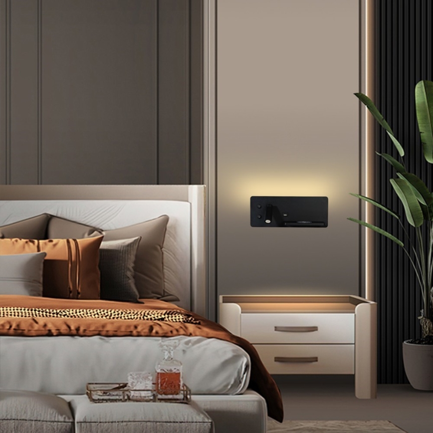 Immax 08287L - LED Σποτ τοίχου με ράφι, θύρα USB και ασύρματη φόρτιση Be PREPARE LED/3W/230V + LED/3W μαύρο