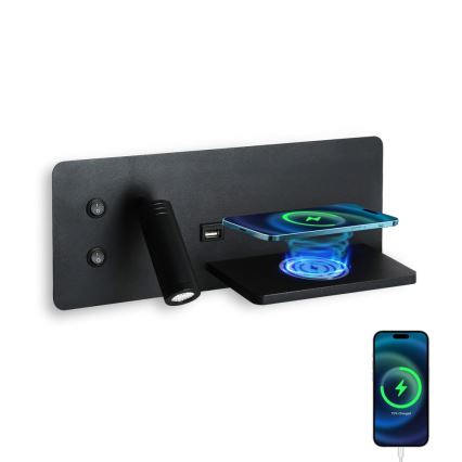 Immax 08287L - LED Σποτ τοίχου με ράφι, θύρα USB και ασύρματη φόρτιση Be PREPARE LED/3W/230V + LED/3W μαύρο