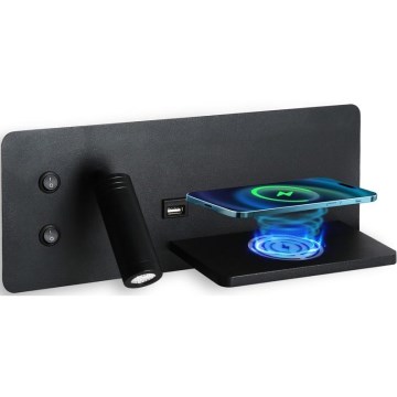 Immax 08287L - LED Σποτ τοίχου με ράφι, θύρα USB και ασύρματη φόρτιση Be PREPARE LED/3W/230V + LED/3W μαύρο