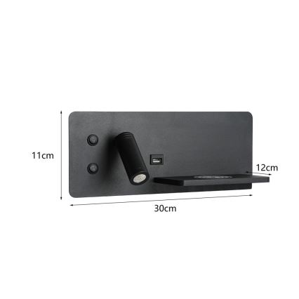 Immax 08287L - LED Σποτ τοίχου με ράφι, θύρα USB και ασύρματη φόρτιση Be PREPARE LED/3W/230V + LED/3W μαύρο