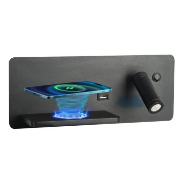 Immax 08288L - LED Επιτοίχιο φωτιστικό με ράφι, θύρα USB και ασύρματη φόρτιση Be PREPARE LED/3W/230V + LED/3W μαύρο