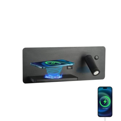 Immax 08288L - LED Σποτ τοίχου με ράφι, θύρα USB και ασύρματη φόρτιση Be PREPARE LED/3W/230V + LED/3W μαύρο