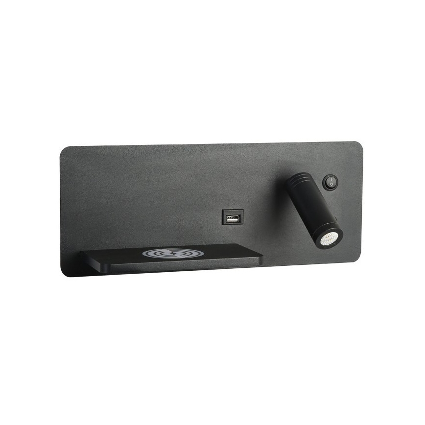 Immax 08288L - LED Σποτ τοίχου με ράφι, θύρα USB και ασύρματη φόρτιση Be PREPARE LED/3W/230V + LED/3W μαύρο