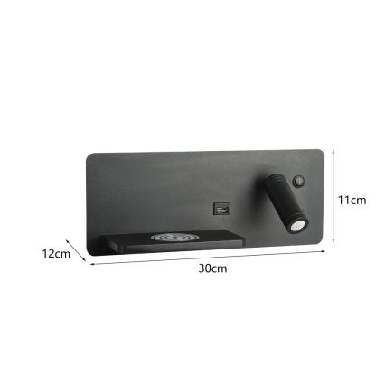 Immax 08288L - LED Σποτ τοίχου με ράφι, θύρα USB και ασύρματη φόρτιση Be PREPARE LED/3W/230V + LED/3W μαύρο
