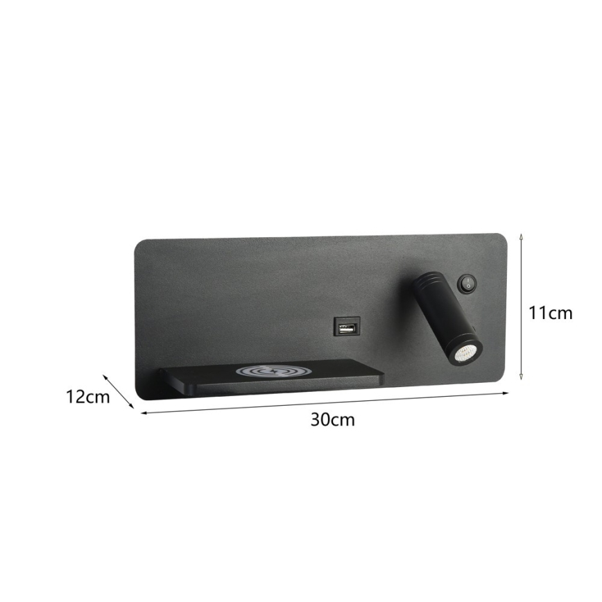 Immax 08288L - LED Σποτ τοίχου με ράφι, θύρα USB και ασύρματη φόρτιση Be PREPARE LED/3W/230V + LED/3W μαύρο