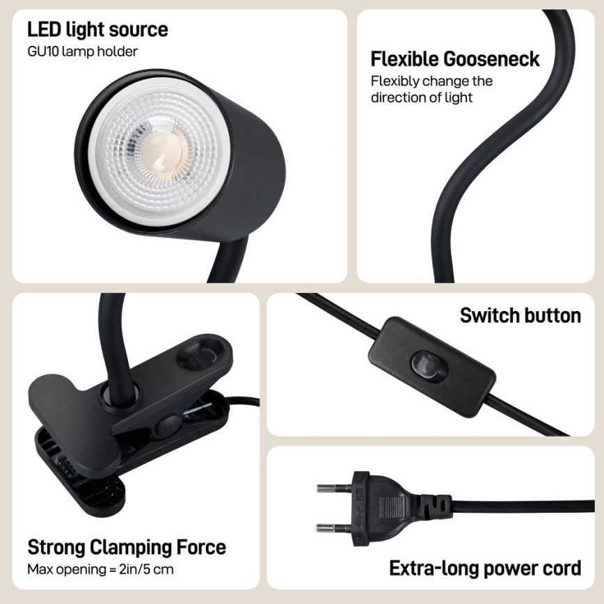 Ευέλικτο φωτιστικό με κλιπ PUNTO 1xGU10/9W/230V μαύρο