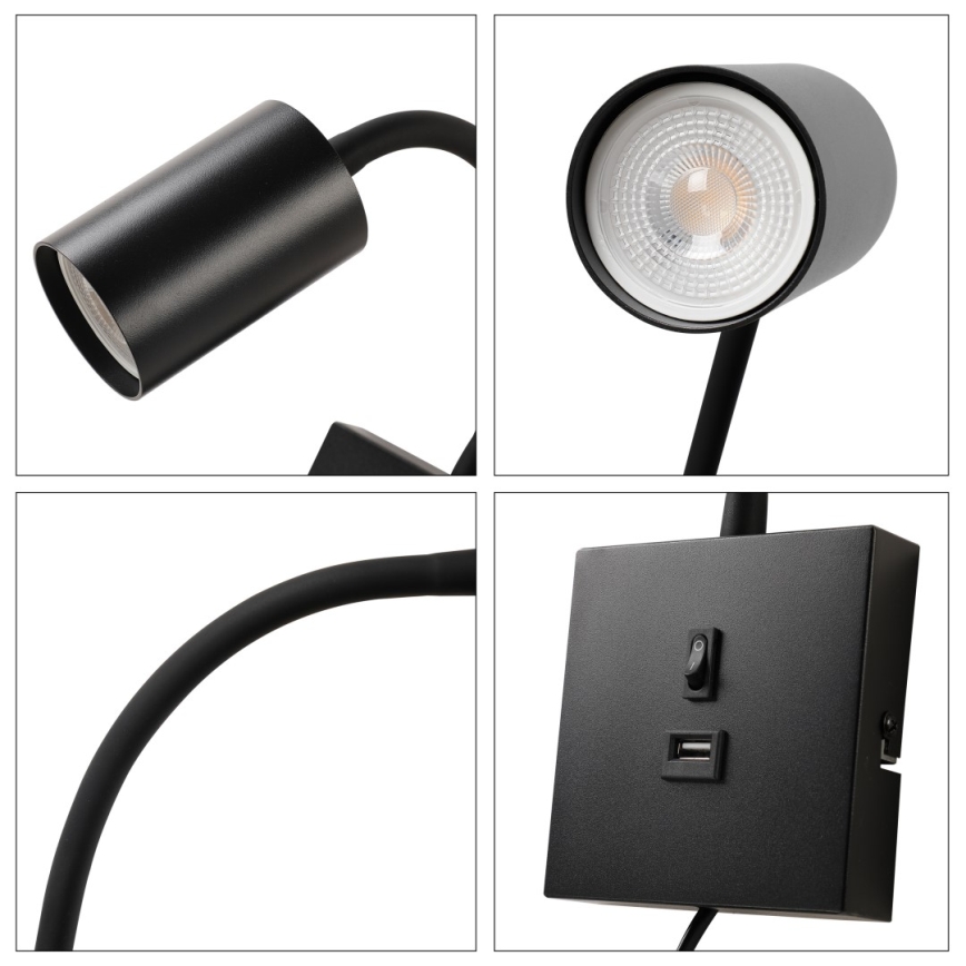 Φωτιστικό τοίχου PUNTO με USB 1xGU10/9W/230V μαύρο