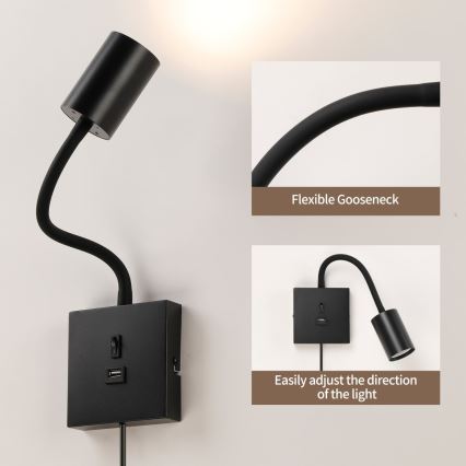 Φωτιστικό τοίχου PUNTO με USB 1xGU10/9W/230V μαύρο