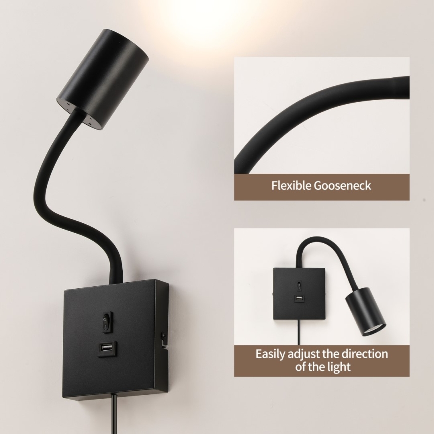 Φωτιστικό τοίχου PUNTO με USB 1xGU10/9W/230V μαύρο