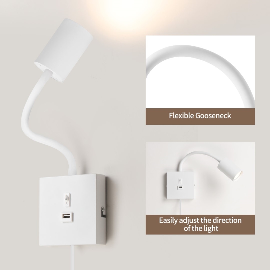 Απλίκα τοίχου με USB PUNTO 1xGU10/9W/230V λευκή