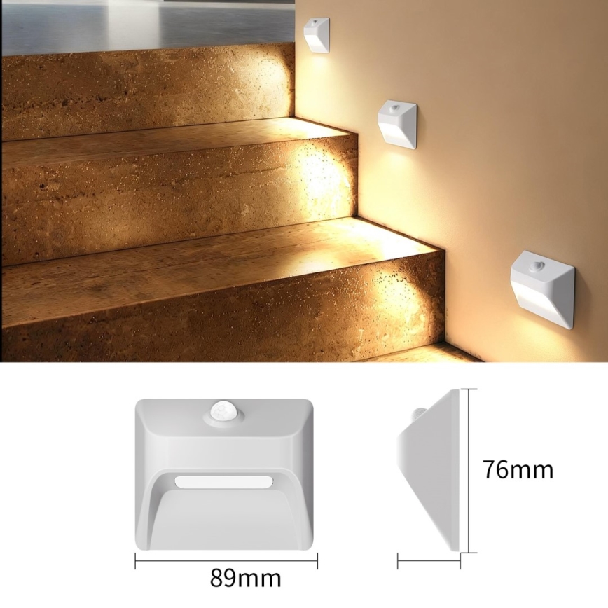 Immax 08308L - Επαναφορτιζόμενο LED φωτιστικό σκαλοπατιών με αισθητήρα STEP LIGHT LED/0,3W/3,7V 2200 mAh IP53 λευκό