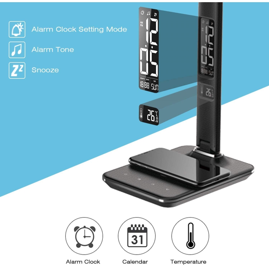 Επιτραπέζιο φωτιστικό LED ντιμαριζόμενο με ασύρματη φόρτιση QI και USB KINGFISHER LED/8,5W/230V μαύρο