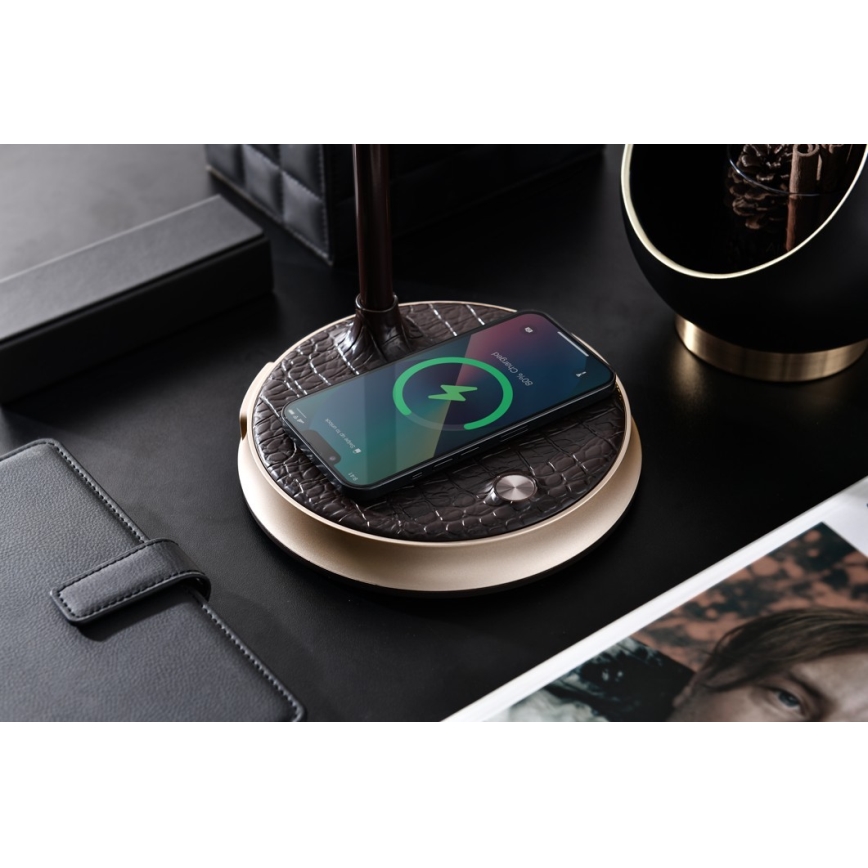 LED Ρυθμιζόμενο Επιτραπέζιο Φωτιστικό με Ασύρματη Φόρτιση FINCH LED/9W/12/230V καφέ/χρυσό