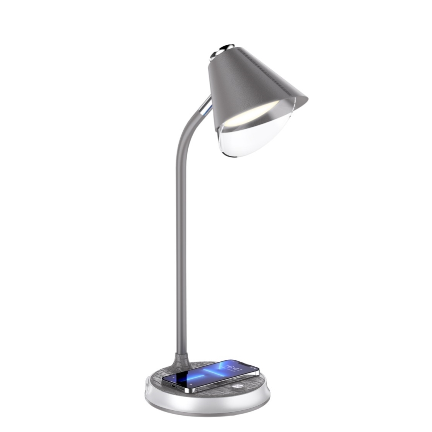 Επιτραπέζιο φωτιστικό LED Dimmable με ασύρματη φόρτιση FINCH LED/9W/12/230V γκρι/γυαλιστερό χρώμιο