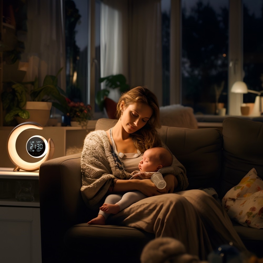 LED RGBW Ρυθμιζόμενο επιτραπέζιο φωτιστικό με ξυπνητήρι PEACOCK LED/20W/5V USB